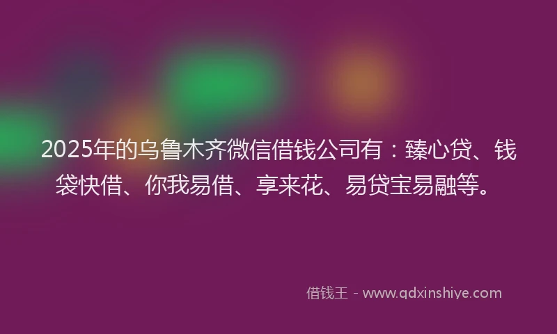 2025年的乌鲁木齐微信借钱公司有：臻心贷、钱袋快借、你我易借、享来花、易贷宝易融等。