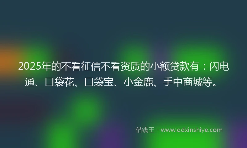 2025年的不看征信不看资质的小额贷款有：闪电通、口袋花、口袋宝、小金鹿、手中商城等。
