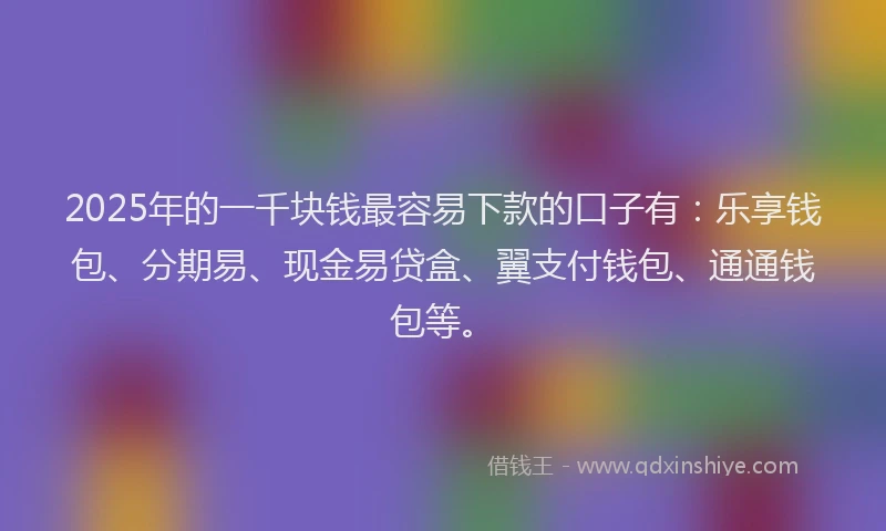 2025年的一千块钱最容易下款的口子有：乐享钱包、分期易、现金易贷盒、翼支付钱包、通通钱包等。