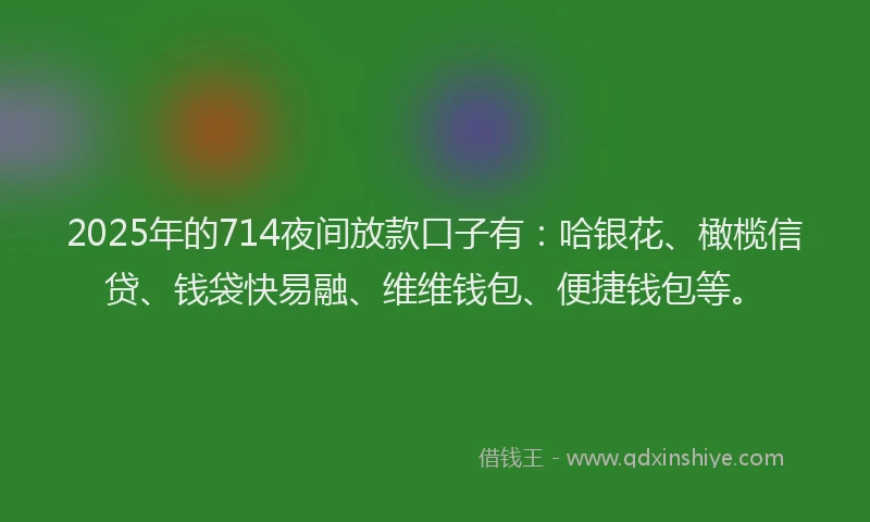 2025年的714夜间放款口子有：哈银花、橄榄信贷、钱袋快易融、维维钱包、便捷钱包等。