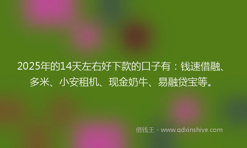 2025年的14天左右好下款的口子有：钱速借融、多米、小安租机、现金奶牛、易融贷宝等。