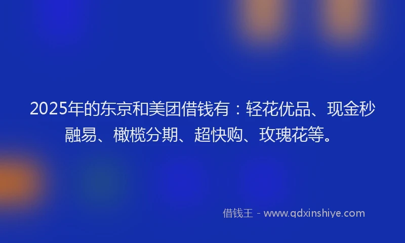 2025年的东京和美团借钱有：轻花优品、现金秒融易、橄榄分期、超快购、玫瑰花等。