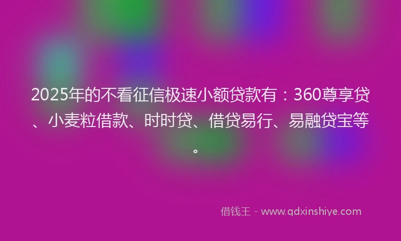 2025年的不看征信极速小额贷款有：360尊享贷、小麦粒借款、时时贷、借贷易行、易融贷宝等。