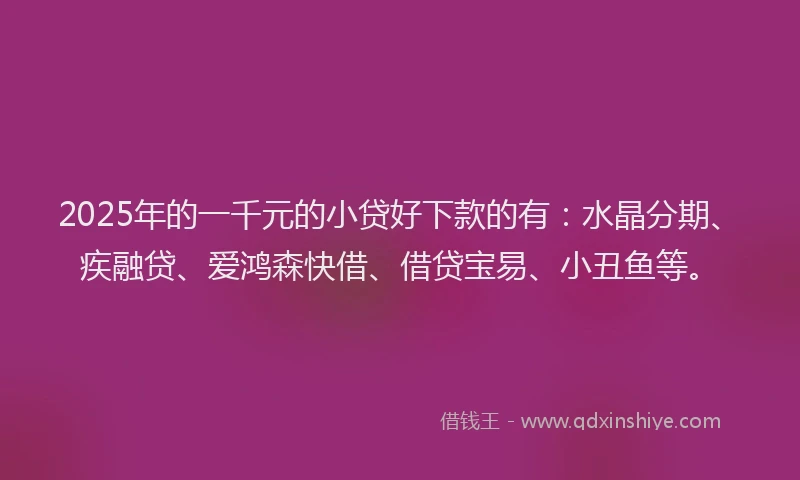 2025年的一千元的小贷好下款的有：水晶分期、疾融贷、爱鸿森快借、借贷宝易、小丑鱼等。