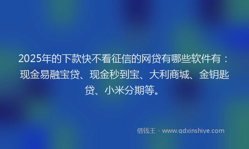 2025年的下款快不看征信的网贷有哪些软件有：现金易融宝贷、现金秒到宝、大利商城、金钥匙贷、小米分期等。