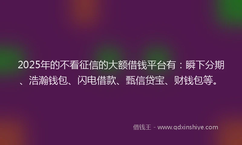 2025年的不看征信的大额借钱平台有：瞬下分期、浩瀚钱包、闪电借款、甄信贷宝、财钱包等。