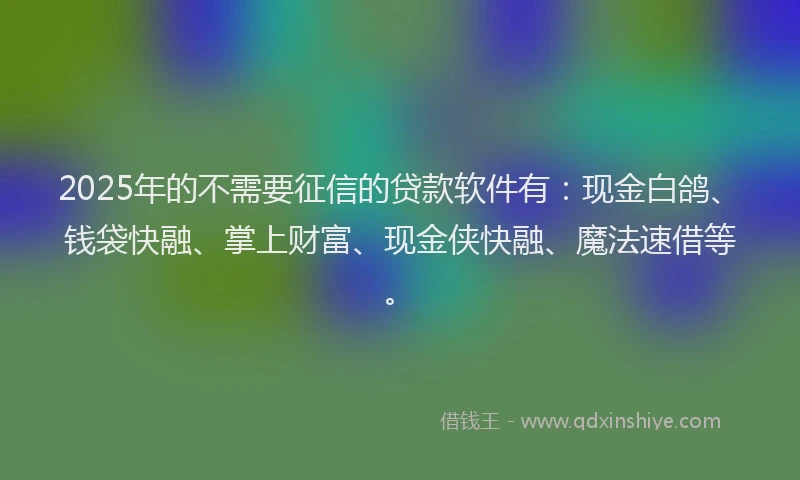 2025年的不需要征信的贷款软件有：现金白鸽、钱袋快融、掌上财富、现金侠快融、魔法速借等。