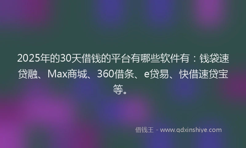 2025年的30天借钱的平台有哪些软件有：钱袋速贷融、Max商城、360借条、e贷易、快借速贷宝等。