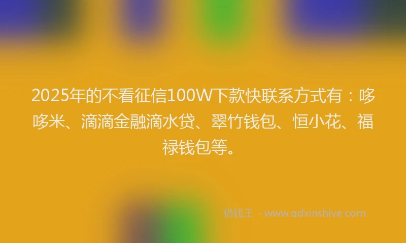 2025年的不看征信100W下款快联系方式有：哆哆米、滴滴金融滴水贷、翠竹钱包、恒小花、福禄钱包等。