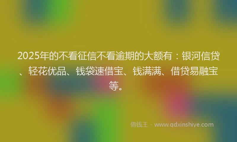 2025年的不看征信不看逾期的大额有：银河信贷、轻花优品、钱袋速借宝、钱满满、借贷易融宝等。