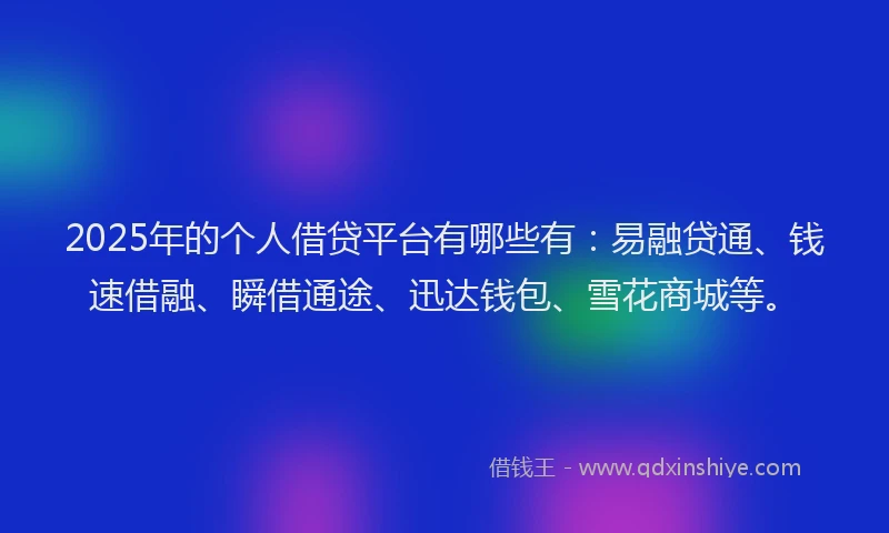 2025年的个人借贷平台有哪些有：易融贷通、钱速借融、瞬借通途、迅达钱包、雪花商城等。