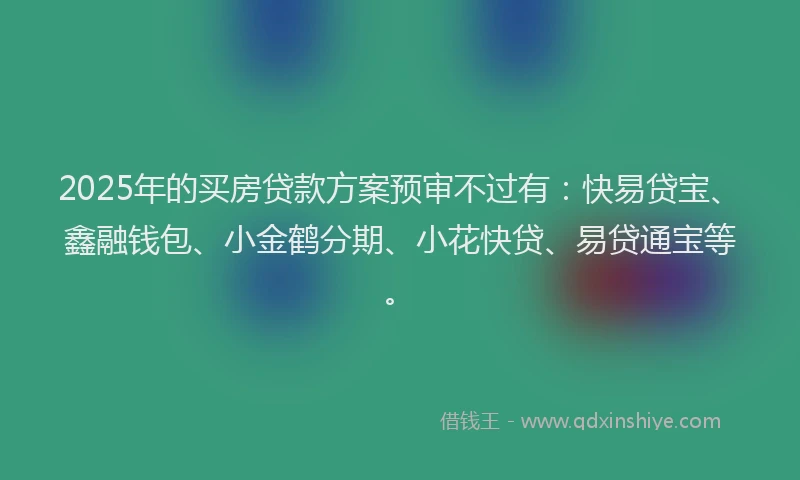 2025年的买房贷款方案预审不过有：快易贷宝、鑫融钱包、小金鹤分期、小花快贷、易贷通宝等。