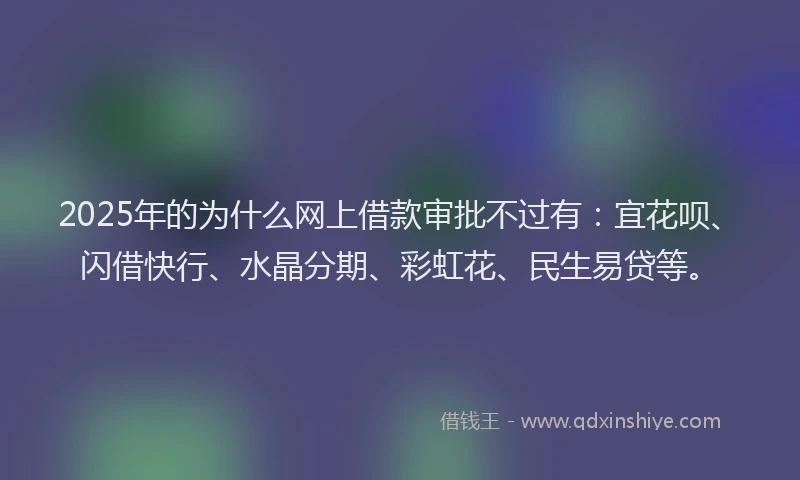 2025年的为什么网上借款审批不过有：宜花呗、闪借快行、水晶分期、彩虹花、民生易贷等。