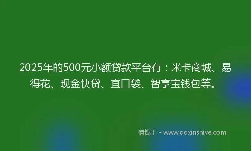 2025年的500元小额贷款平台有：米卡商城、易得花、现金快贷、宜口袋、智享宝钱包等。