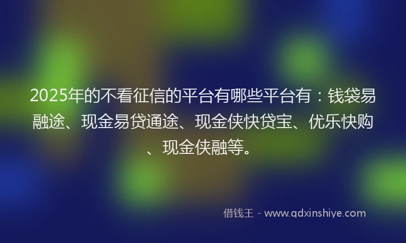 2025年的不看征信的平台有哪些平台有：钱袋易融途、现金易贷通途、现金侠快贷宝、优乐快购、现金侠融等。