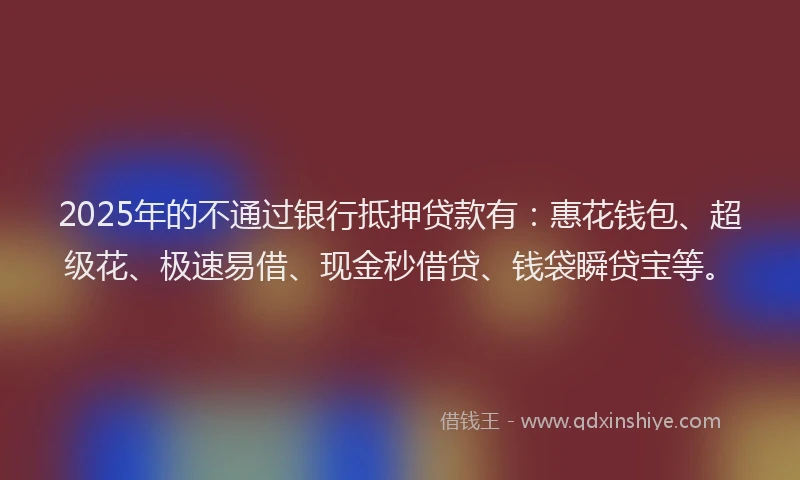 2025年的不通过银行抵押贷款有：惠花钱包、超级花、极速易借、现金秒借贷、钱袋瞬贷宝等。