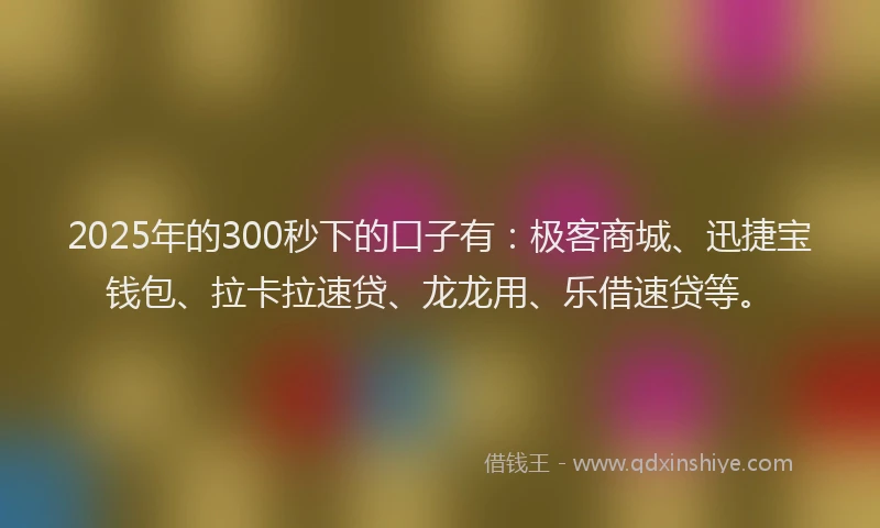 2025年的300秒下的口子有：极客商城、迅捷宝钱包、拉卡拉速贷、龙龙用、乐借速贷等。