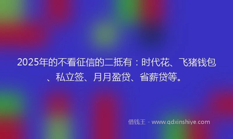 2025年的不看征信的二抵有：时代花、飞猪钱包、私立签、月月盈贷、省薪贷等。