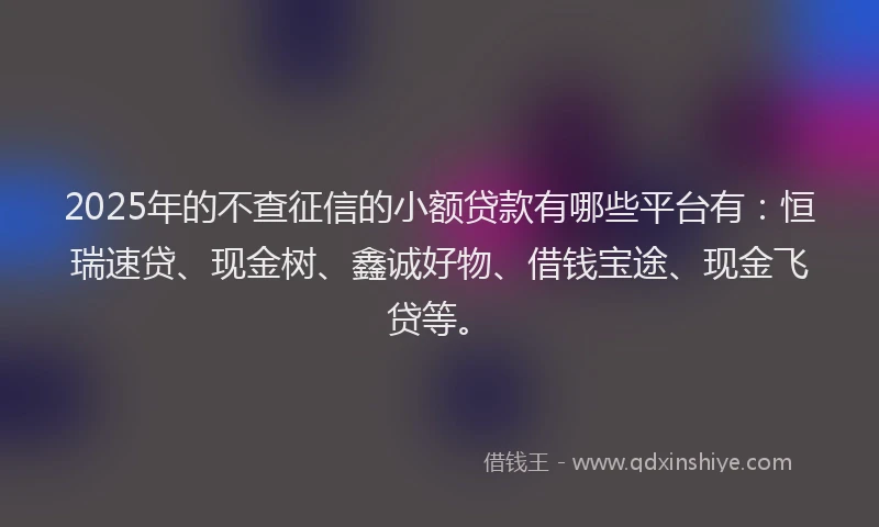 2025年的不查征信的小额贷款有哪些平台有：恒瑞速贷、现金树、鑫诚好物、借钱宝途、现金飞贷等。