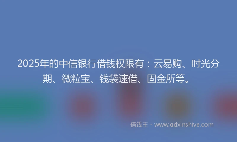 2025年的中信银行借钱权限有：云易购、时光分期、微粒宝、钱袋速借、固金所等。