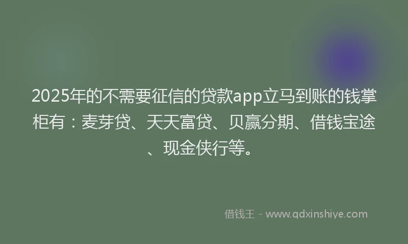 2025年的不需要征信的贷款app立马到账的钱掌柜有：麦芽贷、天天富贷、贝赢分期、借钱宝途、现金侠行等。