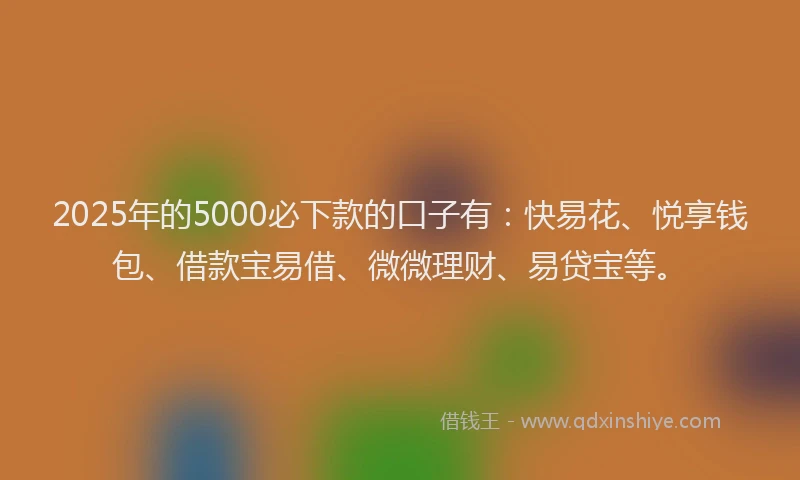 2025年的5000必下款的口子有：快易花、悦享钱包、借款宝易借、微微理财、易贷宝等。