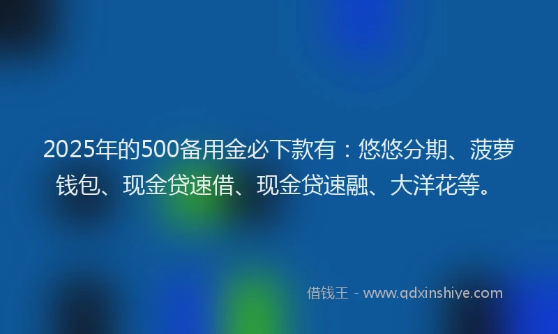 2025年的500备用金必下款有：悠悠分期、菠萝钱包、现金贷速借、现金贷速融、大洋花等。