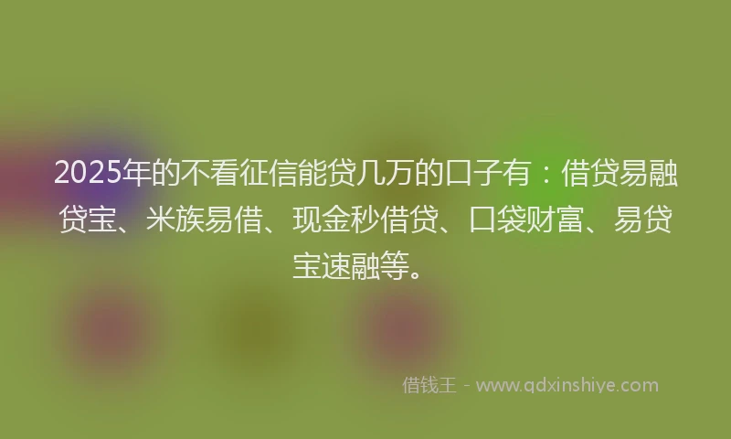 2025年的不看征信能贷几万的口子有：借贷易融贷宝、米族易借、现金秒借贷、口袋财富、易贷宝速融等。