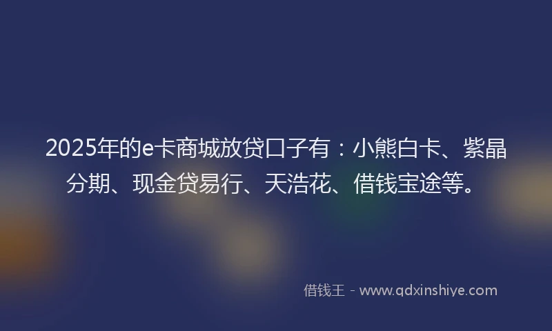 2025年的e卡商城放贷口子有：小熊白卡、紫晶分期、现金贷易行、天浩花、借钱宝途等。