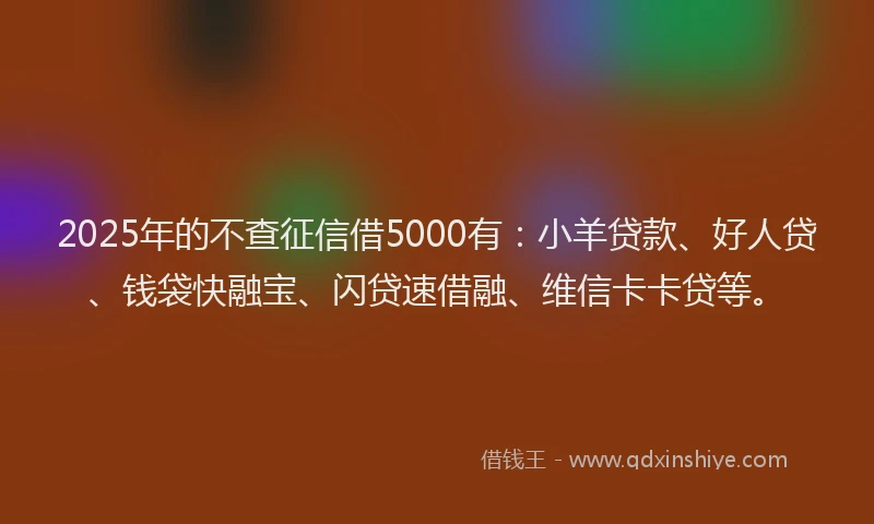 2025年的不查征信借5000有：小羊贷款、好人贷、钱袋快融宝、闪贷速借融、维信卡卡贷等。