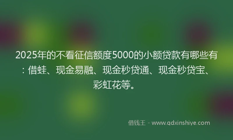 2025年的不看征信额度5000的小额贷款有哪些有：借蛙、现金易融、现金秒贷通、现金秒贷宝、彩虹花等。