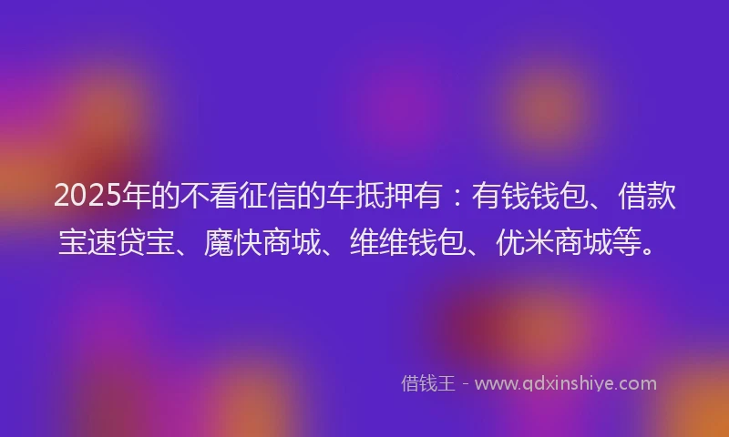 2025年的不看征信的车抵押有：有钱钱包、借款宝速贷宝、魔快商城、维维钱包、优米商城等。