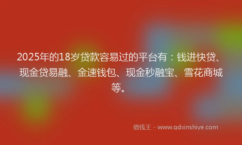 2025年的18岁贷款容易过的平台有：钱进快贷、现金贷易融、金速钱包、现金秒融宝、雪花商城等。