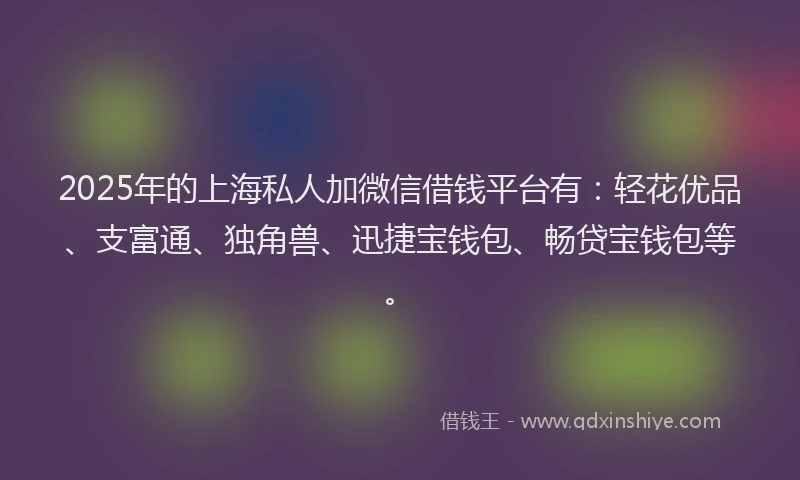 2025年的上海私人加微信借钱平台有：轻花优品、支富通、独角兽、迅捷宝钱包、畅贷宝钱包等。