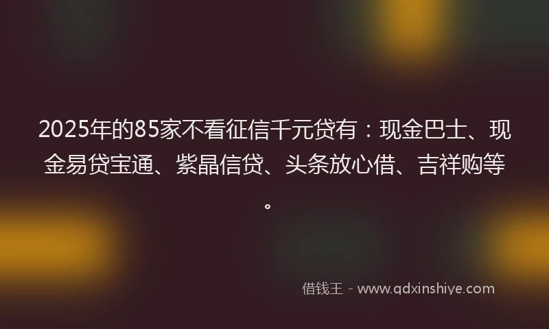 2025年的85家不看征信千元贷有：现金巴士、现金易贷宝通、紫晶信贷、头条放心借、吉祥购等。