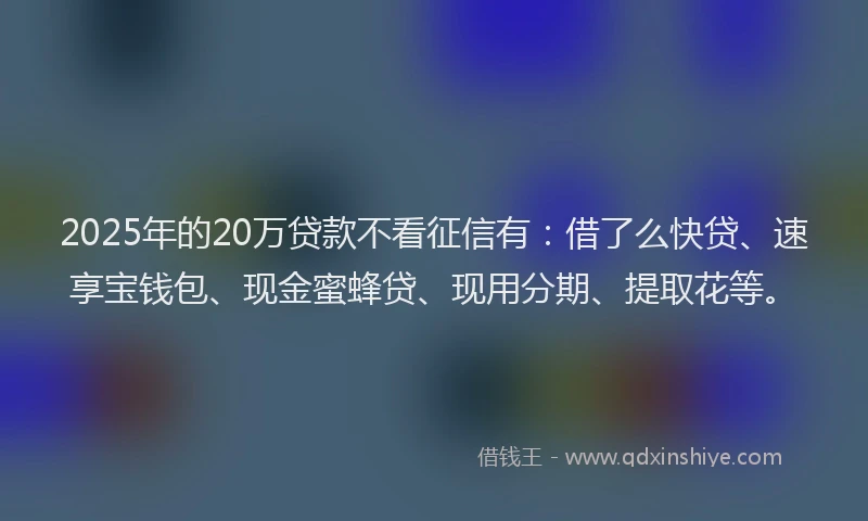 2025年的20万贷款不看征信有：借了么快贷、速享宝钱包、现金蜜蜂贷、现用分期、提取花等。
