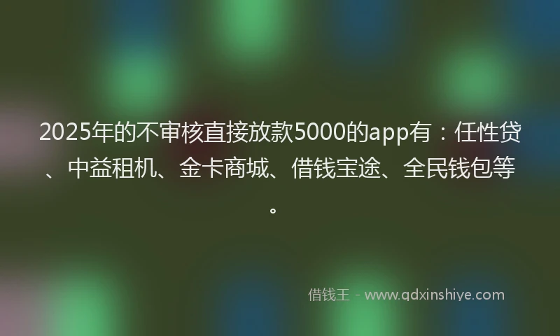 2025年的不审核直接放款5000的app有：任性贷、中益租机、金卡商城、借钱宝途、全民钱包等。