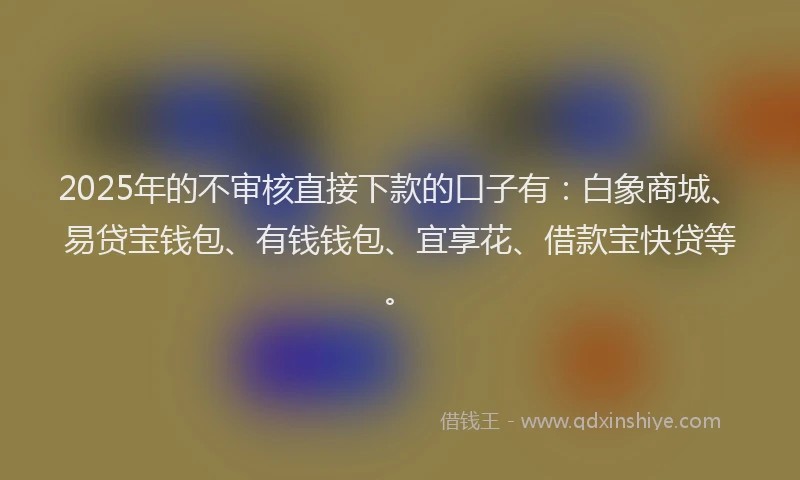2025年的不审核直接下款的口子有：白象商城、易贷宝钱包、有钱钱包、宜享花、借款宝快贷等。