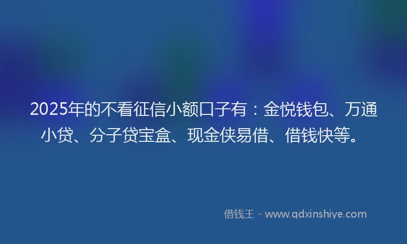 2025年的不看征信小额口子有：金悦钱包、万通小贷、分子贷宝盒、现金侠易借、借钱快等。