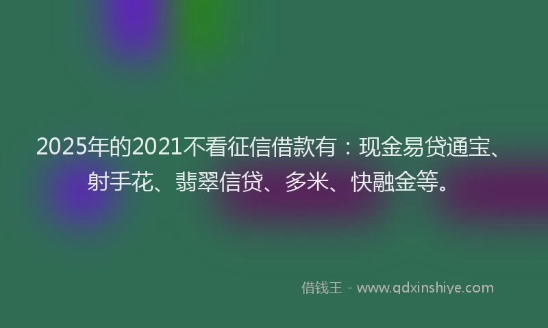 2025年的2021不看征信借款有：现金易贷通宝、射手花、翡翠信贷、多米、快融金等。