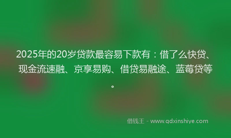 2025年的20岁贷款最容易下款有：借了么快贷、现金流速融、京享易购、借贷易融途、蓝莓贷等。