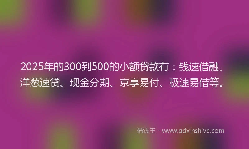 2025年的300到500的小额贷款有：钱速借融、洋葱速贷、现金分期、京享易付、极速易借等。