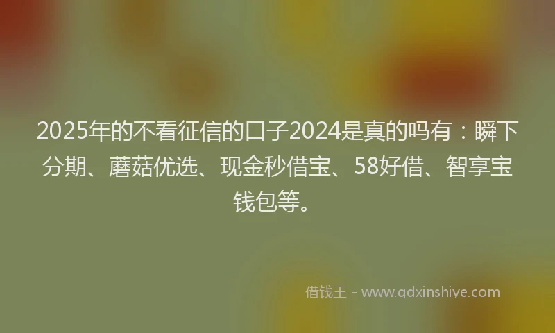 2025年的不看征信的口子2024是真的吗有：瞬下分期、蘑菇优选、现金秒借宝、58好借、智享宝钱包等。