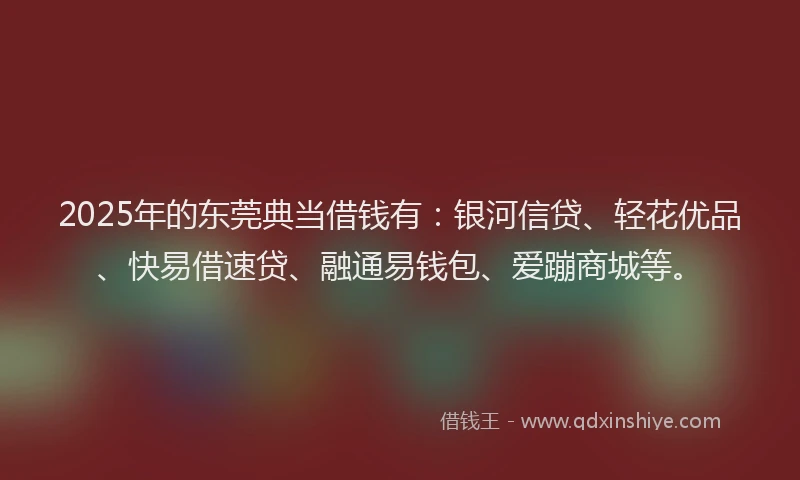2025年的东莞典当借钱有：银河信贷、轻花优品、快易借速贷、融通易钱包、爱蹦商城等。