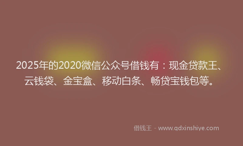 2025年的2020微信公众号借钱有：现金贷款王、云钱袋、金宝盒、移动白条、畅贷宝钱包等。