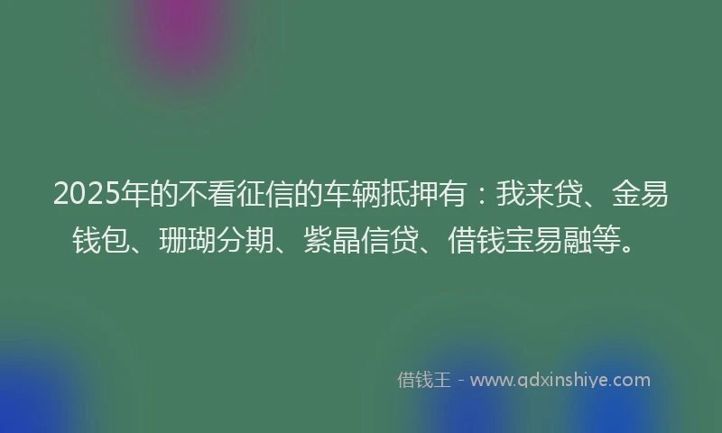 2025年的不看征信的车辆抵押有：我来贷、金易钱包、珊瑚分期、紫晶信贷、借钱宝易融等。