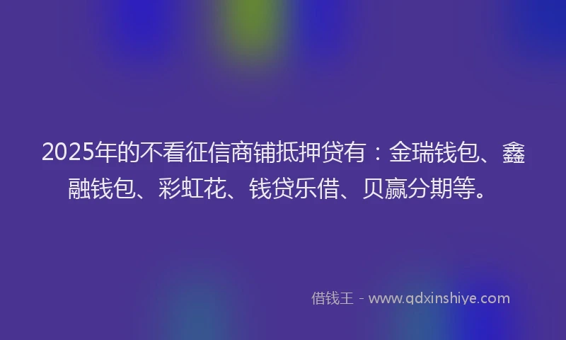 2025年的不看征信商铺抵押贷有：金瑞钱包、鑫融钱包、彩虹花、钱贷乐借、贝赢分期等。