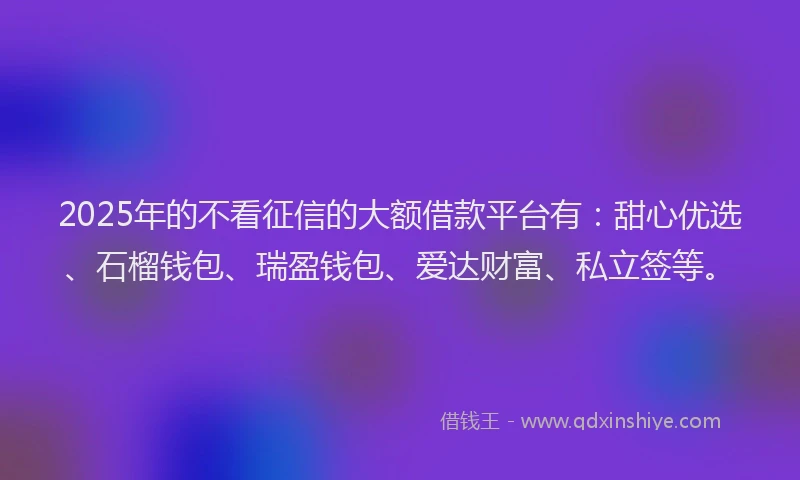 2025年的不看征信的大额借款平台有：甜心优选、石榴钱包、瑞盈钱包、爱达财富、私立签等。