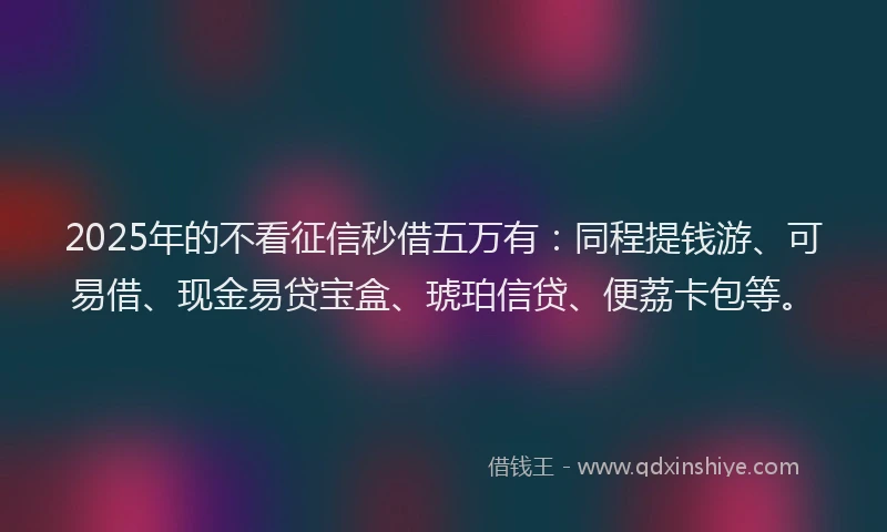 2025年的不看征信秒借五万有：同程提钱游、可易借、现金易贷宝盒、琥珀信贷、便荔卡包等。