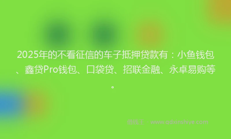 2025年的不看征信的车子抵押贷款有：小鱼钱包、鑫贷Pro钱包、口袋贷、招联金融、永卓易购等。